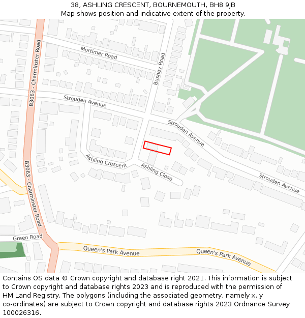 38, ASHLING CRESCENT, BOURNEMOUTH, BH8 9JB: Location map and indicative extent of plot