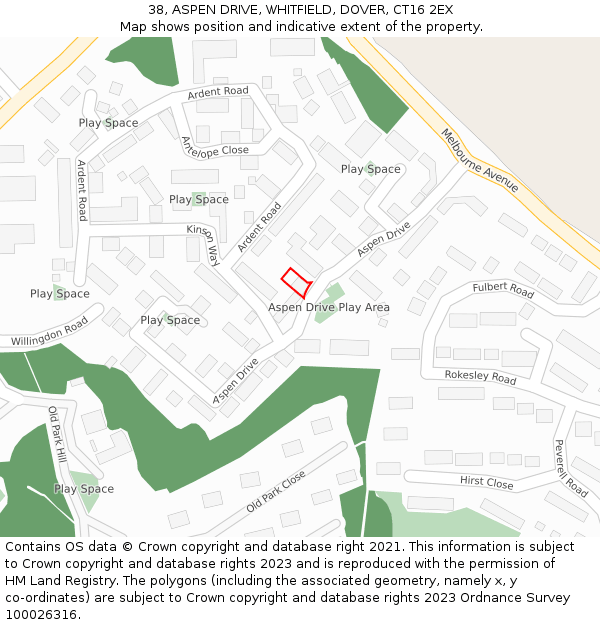 38, ASPEN DRIVE, WHITFIELD, DOVER, CT16 2EX: Location map and indicative extent of plot