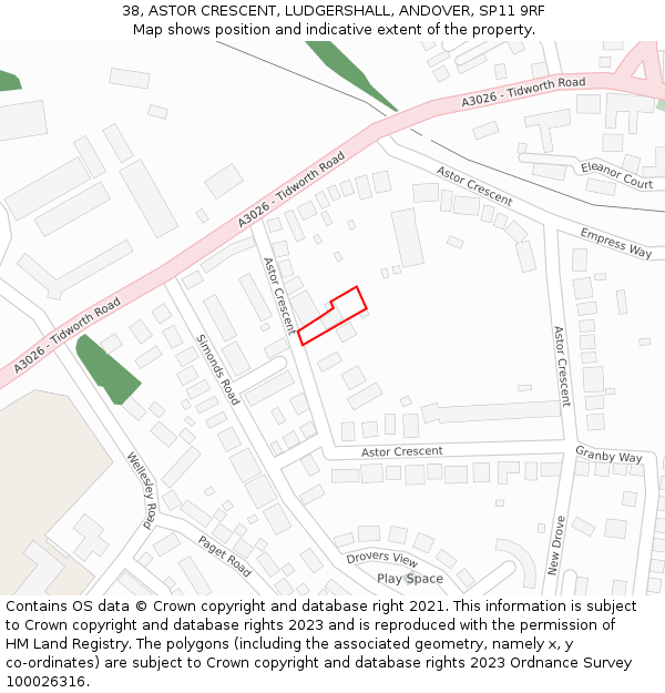 38, ASTOR CRESCENT, LUDGERSHALL, ANDOVER, SP11 9RF: Location map and indicative extent of plot