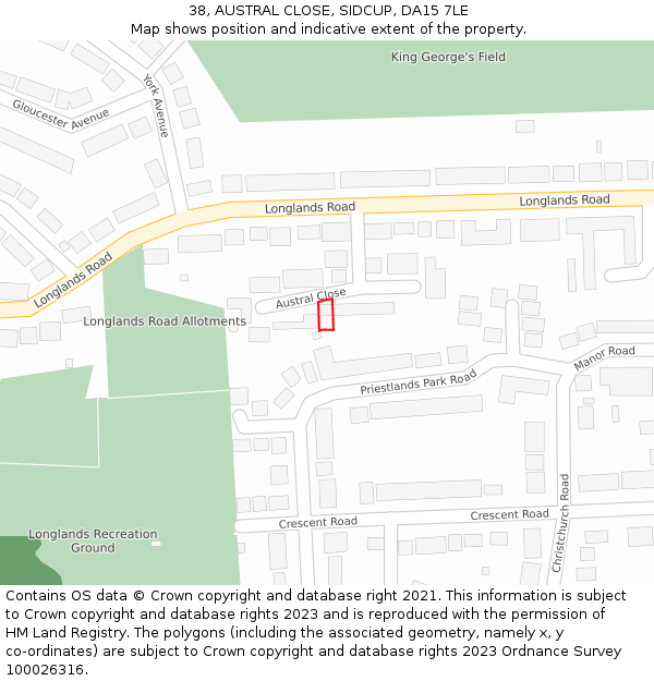 38, AUSTRAL CLOSE, SIDCUP, DA15 7LE: Location map and indicative extent of plot