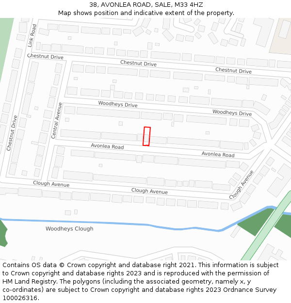 38, AVONLEA ROAD, SALE, M33 4HZ: Location map and indicative extent of plot