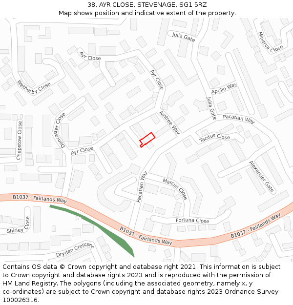38, AYR CLOSE, STEVENAGE, SG1 5RZ: Location map and indicative extent of plot