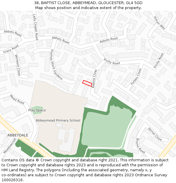 38, BAPTIST CLOSE, ABBEYMEAD, GLOUCESTER, GL4 5GD: Location map and indicative extent of plot