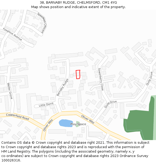 38, BARNABY RUDGE, CHELMSFORD, CM1 4YG: Location map and indicative extent of plot