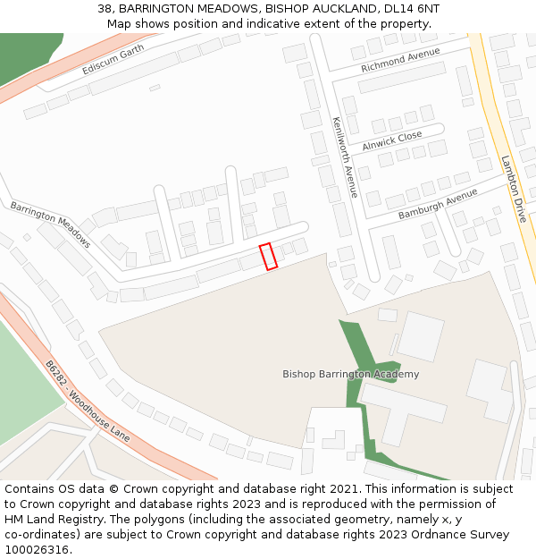 38, BARRINGTON MEADOWS, BISHOP AUCKLAND, DL14 6NT: Location map and indicative extent of plot