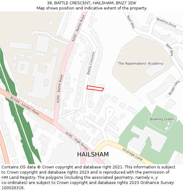 38, BATTLE CRESCENT, HAILSHAM, BN27 1EW: Location map and indicative extent of plot
