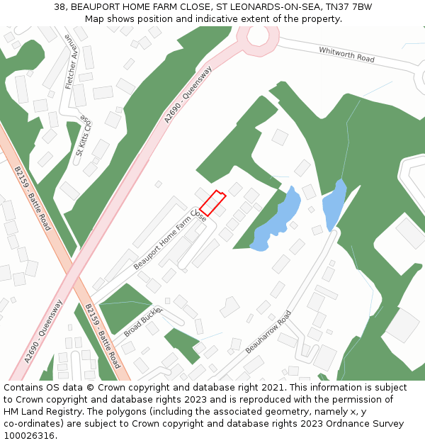 38, BEAUPORT HOME FARM CLOSE, ST LEONARDS-ON-SEA, TN37 7BW: Location map and indicative extent of plot