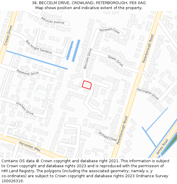 38, BECCELM DRIVE, CROWLAND, PETERBOROUGH, PE6 0AG: Location map and indicative extent of plot