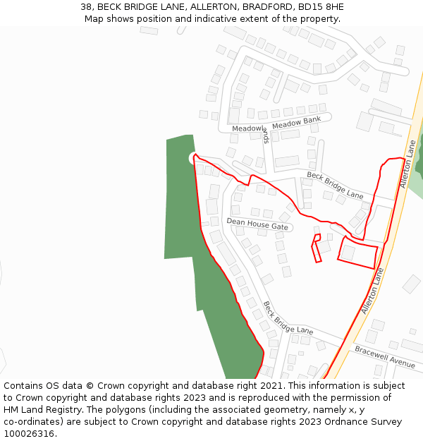 38, BECK BRIDGE LANE, ALLERTON, BRADFORD, BD15 8HE: Location map and indicative extent of plot