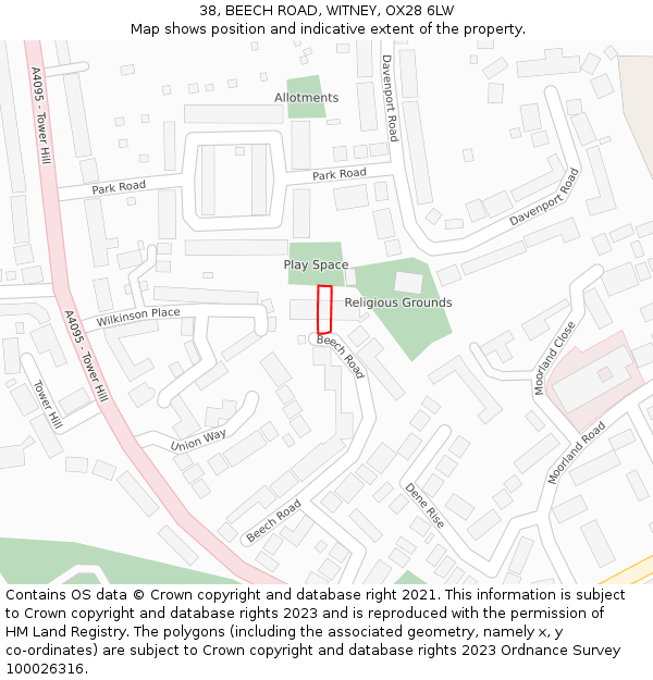 38, BEECH ROAD, WITNEY, OX28 6LW: Location map and indicative extent of plot
