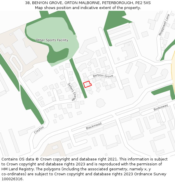 38, BENYON GROVE, ORTON MALBORNE, PETERBOROUGH, PE2 5XS: Location map and indicative extent of plot