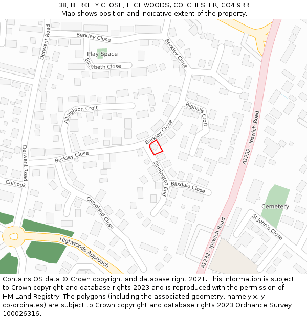 38, BERKLEY CLOSE, HIGHWOODS, COLCHESTER, CO4 9RR: Location map and indicative extent of plot
