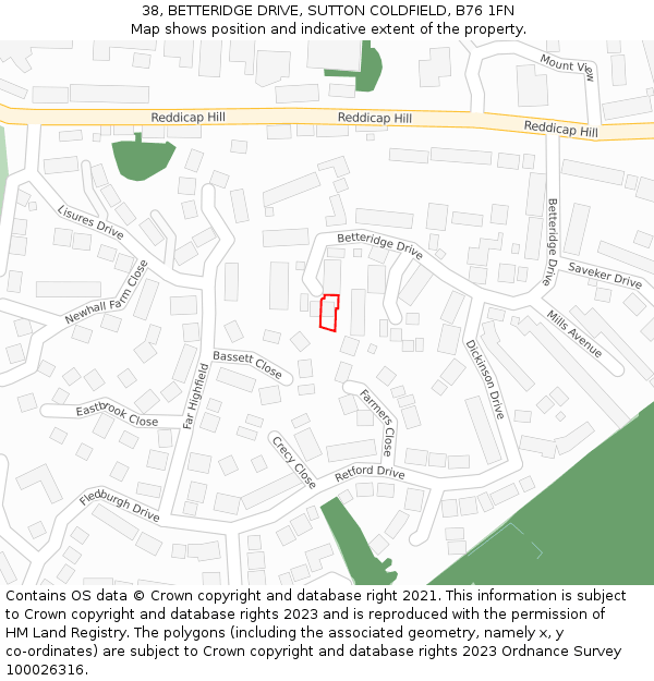 38, BETTERIDGE DRIVE, SUTTON COLDFIELD, B76 1FN: Location map and indicative extent of plot