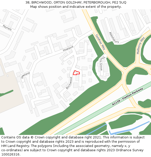38, BIRCHWOOD, ORTON GOLDHAY, PETERBOROUGH, PE2 5UQ: Location map and indicative extent of plot