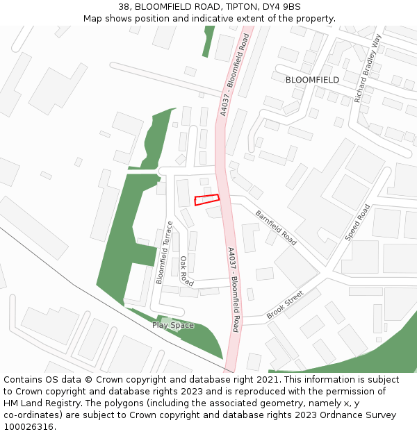 38, BLOOMFIELD ROAD, TIPTON, DY4 9BS: Location map and indicative extent of plot