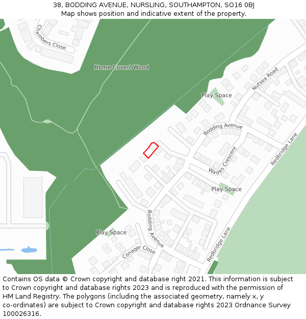 38, BODDING AVENUE, NURSLING, SOUTHAMPTON, SO16 0BJ: Location map and indicative extent of plot
