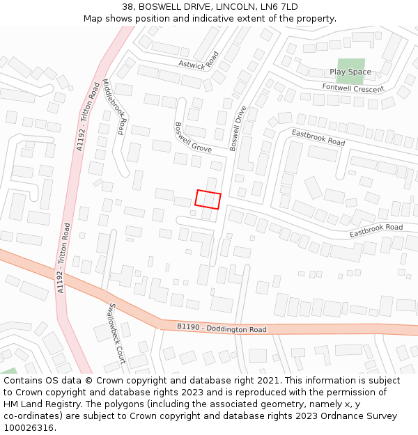 38, BOSWELL DRIVE, LINCOLN, LN6 7LD: Location map and indicative extent of plot