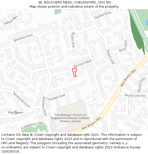 38, BOUCHERS MEAD, CHELMSFORD, CM1 6PJ: Location map and indicative extent of plot