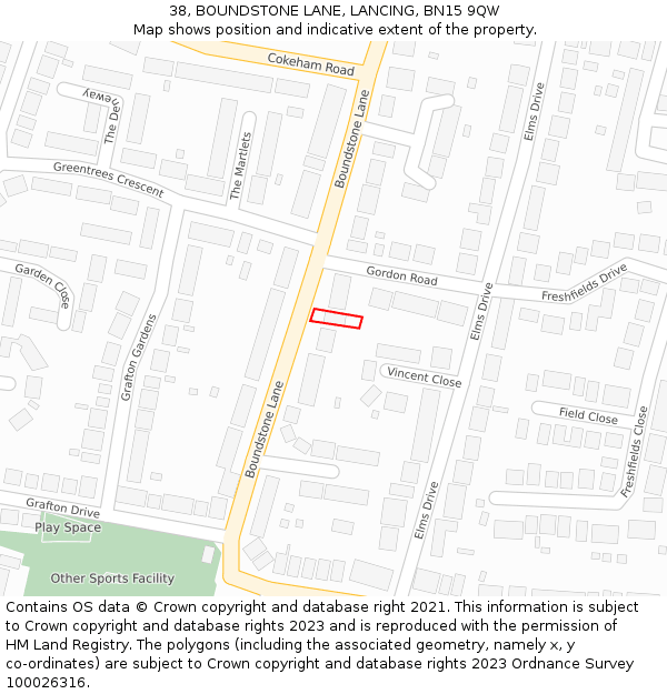 38, BOUNDSTONE LANE, LANCING, BN15 9QW: Location map and indicative extent of plot