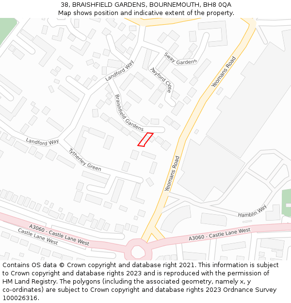 38, BRAISHFIELD GARDENS, BOURNEMOUTH, BH8 0QA: Location map and indicative extent of plot