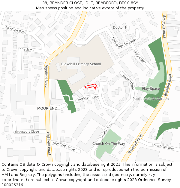38, BRANDER CLOSE, IDLE, BRADFORD, BD10 8SY: Location map and indicative extent of plot
