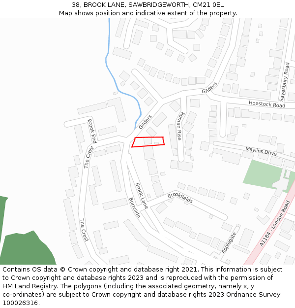 38, BROOK LANE, SAWBRIDGEWORTH, CM21 0EL: Location map and indicative extent of plot