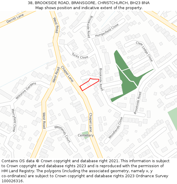 38, BROOKSIDE ROAD, BRANSGORE, CHRISTCHURCH, BH23 8NA: Location map and indicative extent of plot