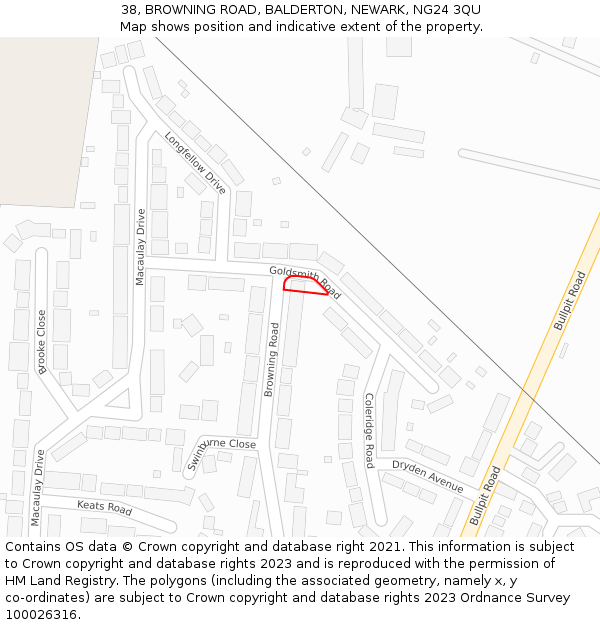 38, BROWNING ROAD, BALDERTON, NEWARK, NG24 3QU: Location map and indicative extent of plot