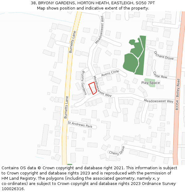 38, BRYONY GARDENS, HORTON HEATH, EASTLEIGH, SO50 7PT: Location map and indicative extent of plot