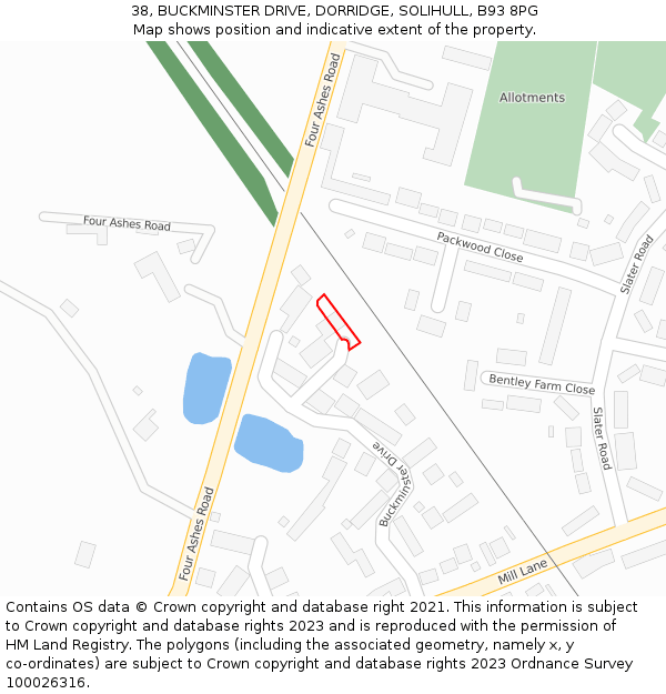 38, BUCKMINSTER DRIVE, DORRIDGE, SOLIHULL, B93 8PG: Location map and indicative extent of plot