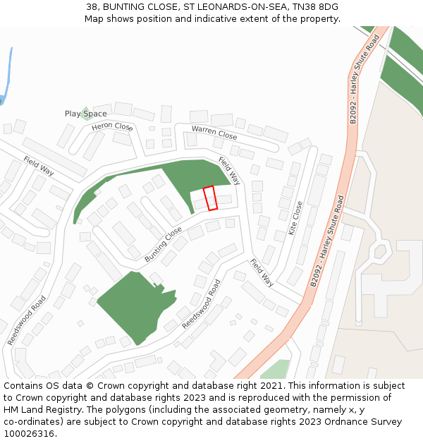 38, BUNTING CLOSE, ST LEONARDS-ON-SEA, TN38 8DG: Location map and indicative extent of plot