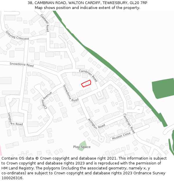 38, CAMBRIAN ROAD, WALTON CARDIFF, TEWKESBURY, GL20 7RP: Location map and indicative extent of plot