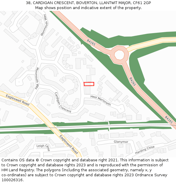 38, CARDIGAN CRESCENT, BOVERTON, LLANTWIT MAJOR, CF61 2GP: Location map and indicative extent of plot