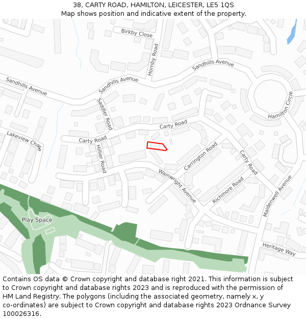 38, CARTY ROAD, HAMILTON, LEICESTER, LE5 1QS: Location map and indicative extent of plot