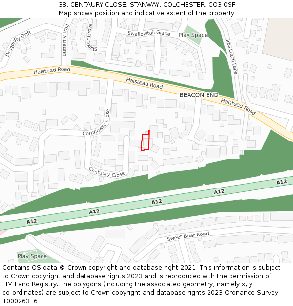 38, CENTAURY CLOSE, STANWAY, COLCHESTER, CO3 0SF: Location map and indicative extent of plot