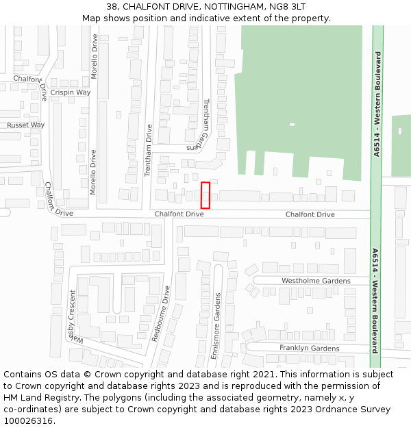 38, CHALFONT DRIVE, NOTTINGHAM, NG8 3LT: Location map and indicative extent of plot