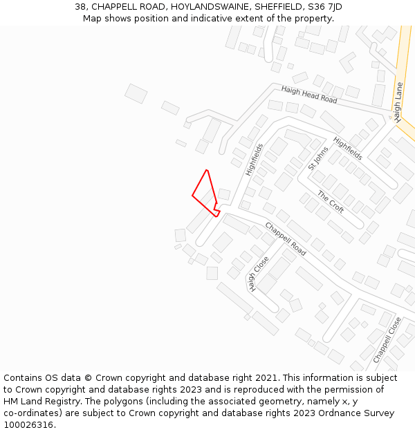 38, CHAPPELL ROAD, HOYLANDSWAINE, SHEFFIELD, S36 7JD: Location map and indicative extent of plot