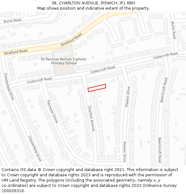 38, CHARLTON AVENUE, IPSWICH, IP1 6BH: Location map and indicative extent of plot