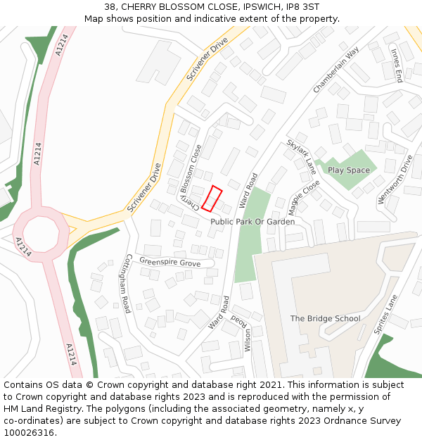 38, CHERRY BLOSSOM CLOSE, IPSWICH, IP8 3ST: Location map and indicative extent of plot