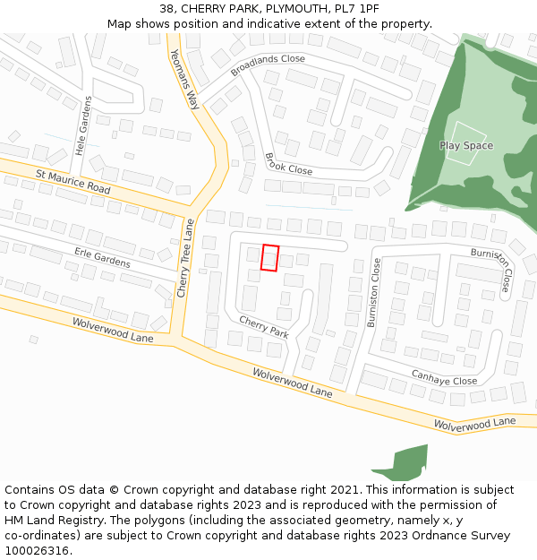 38, CHERRY PARK, PLYMOUTH, PL7 1PF: Location map and indicative extent of plot