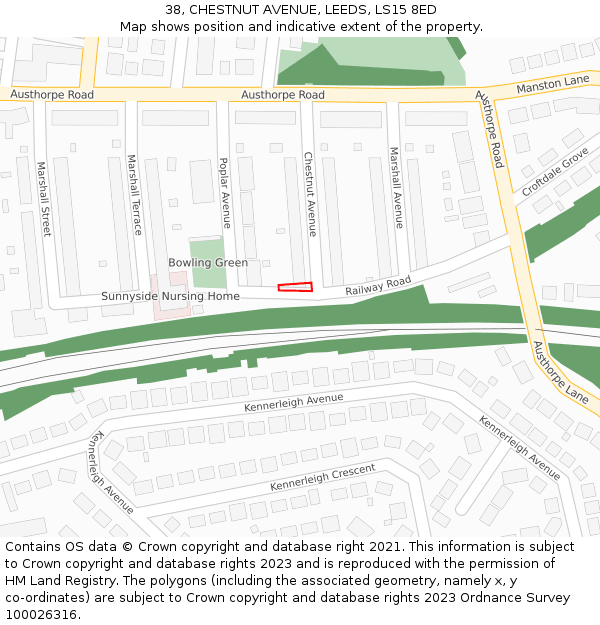38, CHESTNUT AVENUE, LEEDS, LS15 8ED: Location map and indicative extent of plot
