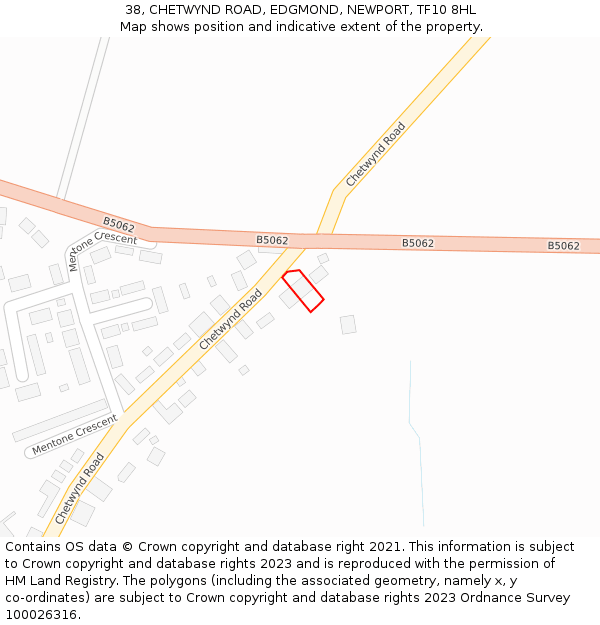 38, CHETWYND ROAD, EDGMOND, NEWPORT, TF10 8HL: Location map and indicative extent of plot