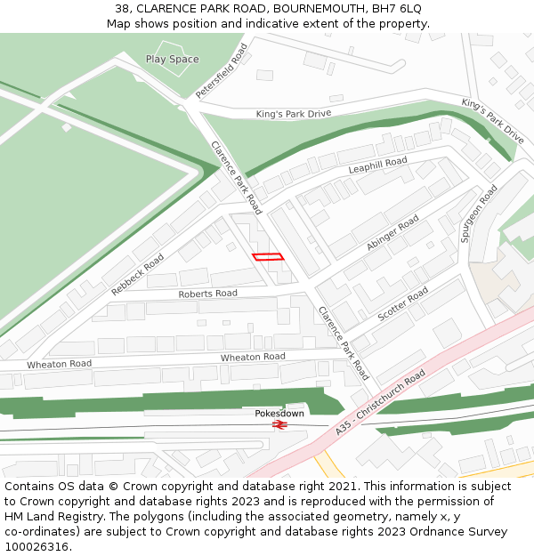 38, CLARENCE PARK ROAD, BOURNEMOUTH, BH7 6LQ: Location map and indicative extent of plot