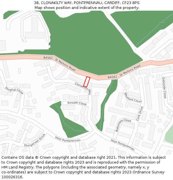 38, CLONAKILTY WAY, PONTPRENNAU, CARDIFF, CF23 8PS: Location map and indicative extent of plot