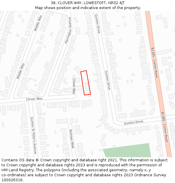 38, CLOVER WAY, LOWESTOFT, NR32 4JT: Location map and indicative extent of plot