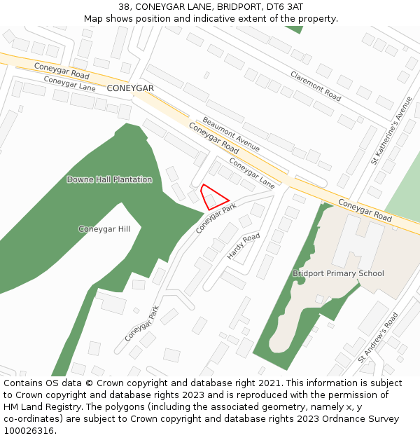 38, CONEYGAR LANE, BRIDPORT, DT6 3AT: Location map and indicative extent of plot