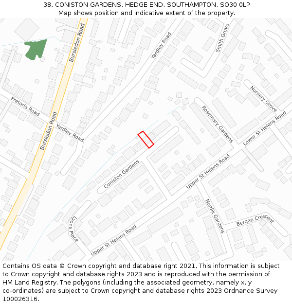 38, CONISTON GARDENS, HEDGE END, SOUTHAMPTON, SO30 0LP: Location map and indicative extent of plot