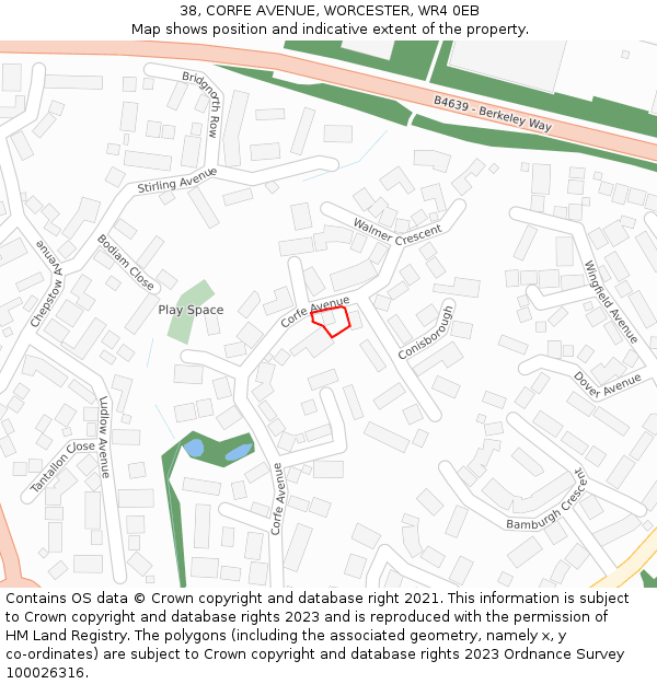 38, CORFE AVENUE, WORCESTER, WR4 0EB: Location map and indicative extent of plot