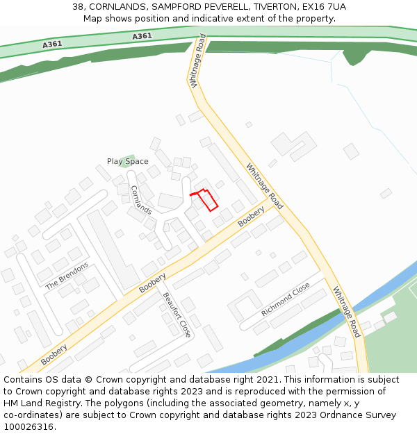 38, CORNLANDS, SAMPFORD PEVERELL, TIVERTON, EX16 7UA: Location map and indicative extent of plot