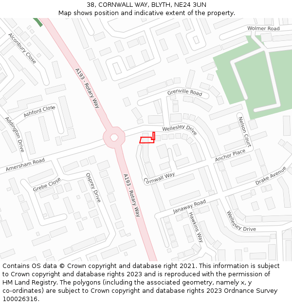 38, CORNWALL WAY, BLYTH, NE24 3UN: Location map and indicative extent of plot